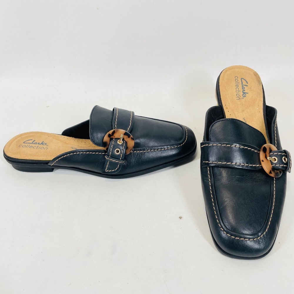 Clarks Collection Lyrical Shine Black Leather Mules Tortoise Buckle 8M Flat Slip